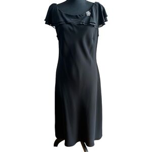 S.L. Fashions Black Dress with Brooch. Size 16